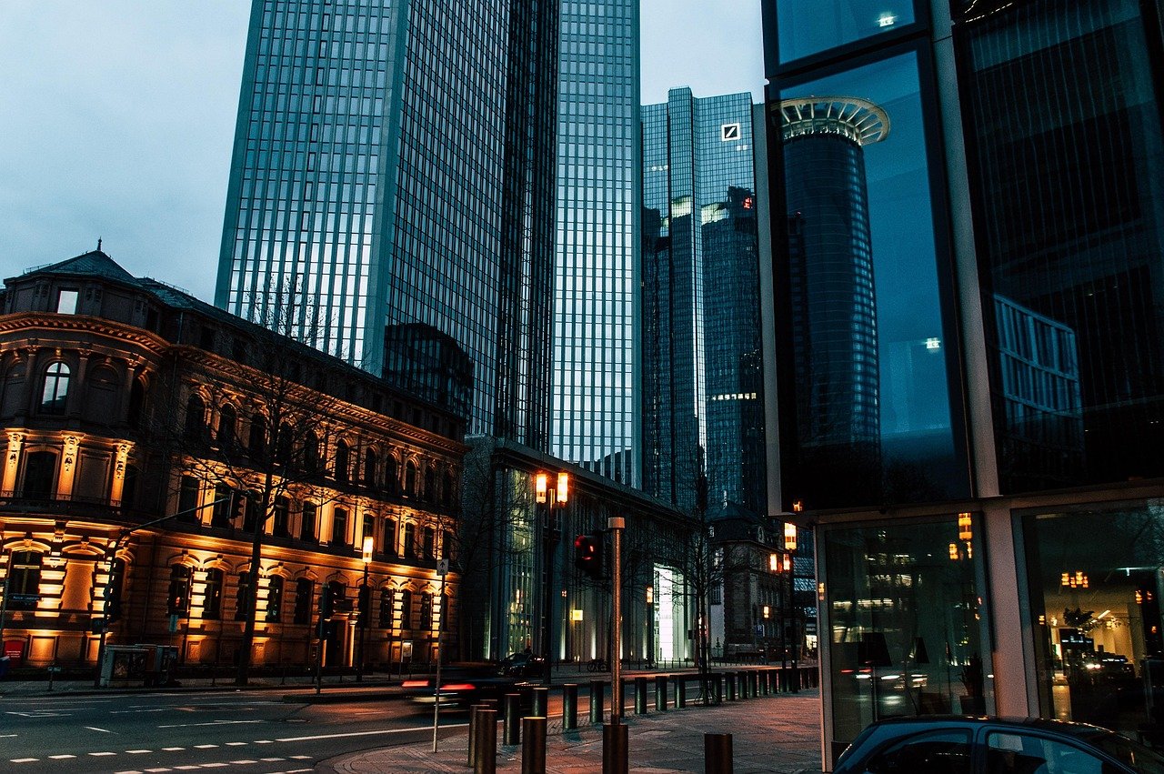 city, frankfurt, night, road, street, downtown, urban, skyscrapers, facade, buildings, architecture